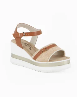 MISS GLOBO - Sandalo platform beige/cuoio con fascia intrecciata e cinturino alla caviglia