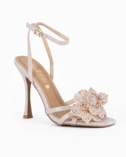 MISS GLOBO - Sandalo rosegold in lurex con sottopiede in VERA PELLE e applicazione fiori in strass, tacco 10,5CM