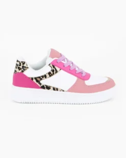 MISS GLOBO - Scarpa sneakers bianca e rosa da bambina con inserti leopardati