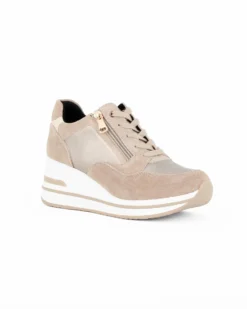 MISS GLOBO - Scarpa sneakers khaki scamosciata in VERA PELLE con zeppa, lacci e zip laterale