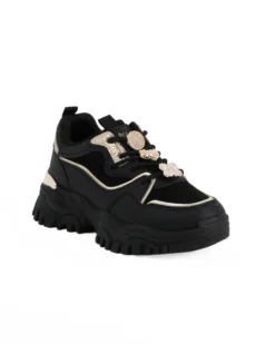 MISS GLOBO - Scarpa sneakers nera da donna con inserti glitterati e ciondoli tra i lacci