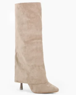 MISS GLOBO - Stivale beige scamosciato a punta con risvolto e zip laterale, tacco 8,5CM
