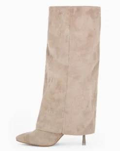 MISS GLOBO - Stivale beige scamosciato a punta con risvolto e zip laterale, tacco 8,5CM