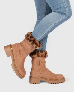MISS GLOBO - Stivale camel scamosciato con pelliccia leopardata e zip laterale, tacco 5CM
