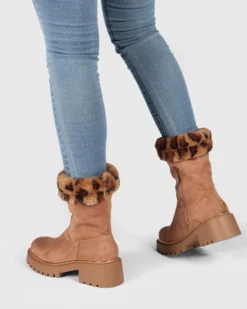 MISS GLOBO - Stivale camel scamosciato con pelliccia leopardata e zip laterale, tacco 5CM