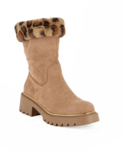 MISS GLOBO - Stivale camel scamosciato con pelliccia leopardata e zip laterale, tacco 5CM