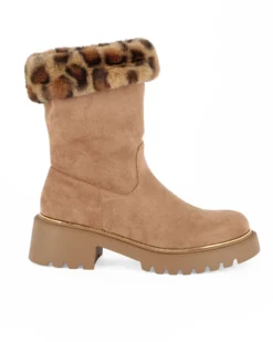 MISS GLOBO - Stivale camel scamosciato con pelliccia leopardata e zip laterale, tacco 5CM