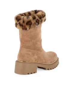 MISS GLOBO - Stivale camel scamosciato con pelliccia leopardata e zip laterale, tacco 5CM