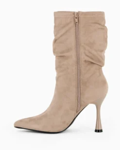 MISS GLOBO - Stivale khaki scamosciato a punta con gambale arricciato e zip laterale, tacco 9,5CM