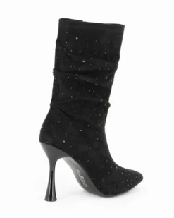 MISS GLOBO - Stivale nero scamosciato a punta con zip laterale e gambale arricciato con strass, tacco 9,5 CM