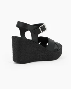 MY JEWELS - Sandalo nero in VERA PELLE con fasce incrociate e cinturino alla caviglia, zeppa 8CM