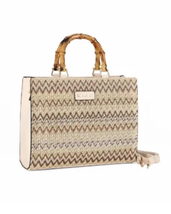 NARDINI - Borsa beige intreccio multicolor con manici effetto bamboo, tracolla removibile