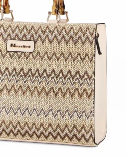 NARDINI - Borsa beige intreccio multicolor con manici effetto bamboo, tracolla removibile
