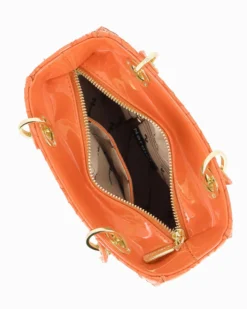 NARDINI - Borsa piccola arancione due manici effetto vernice trapuntata con cuori e ciondoli, tracolla removibile