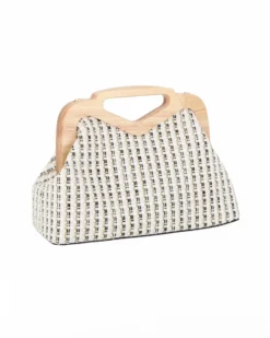 NARDINI - Pochette in tessuto intrecciato bianco con manico in legno, tracollina removibile
