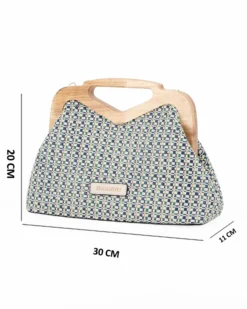 NARDINI - Pochette in tessuto intrecciato blu con manico in legno, tracollina removibile