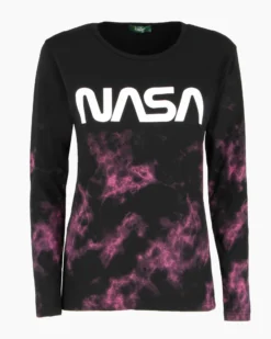 NASA - Tshirt nera a manica lunga da donna con logo