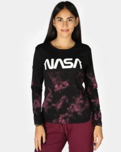 NASA - Tshirt nera a manica lunga da donna con logo