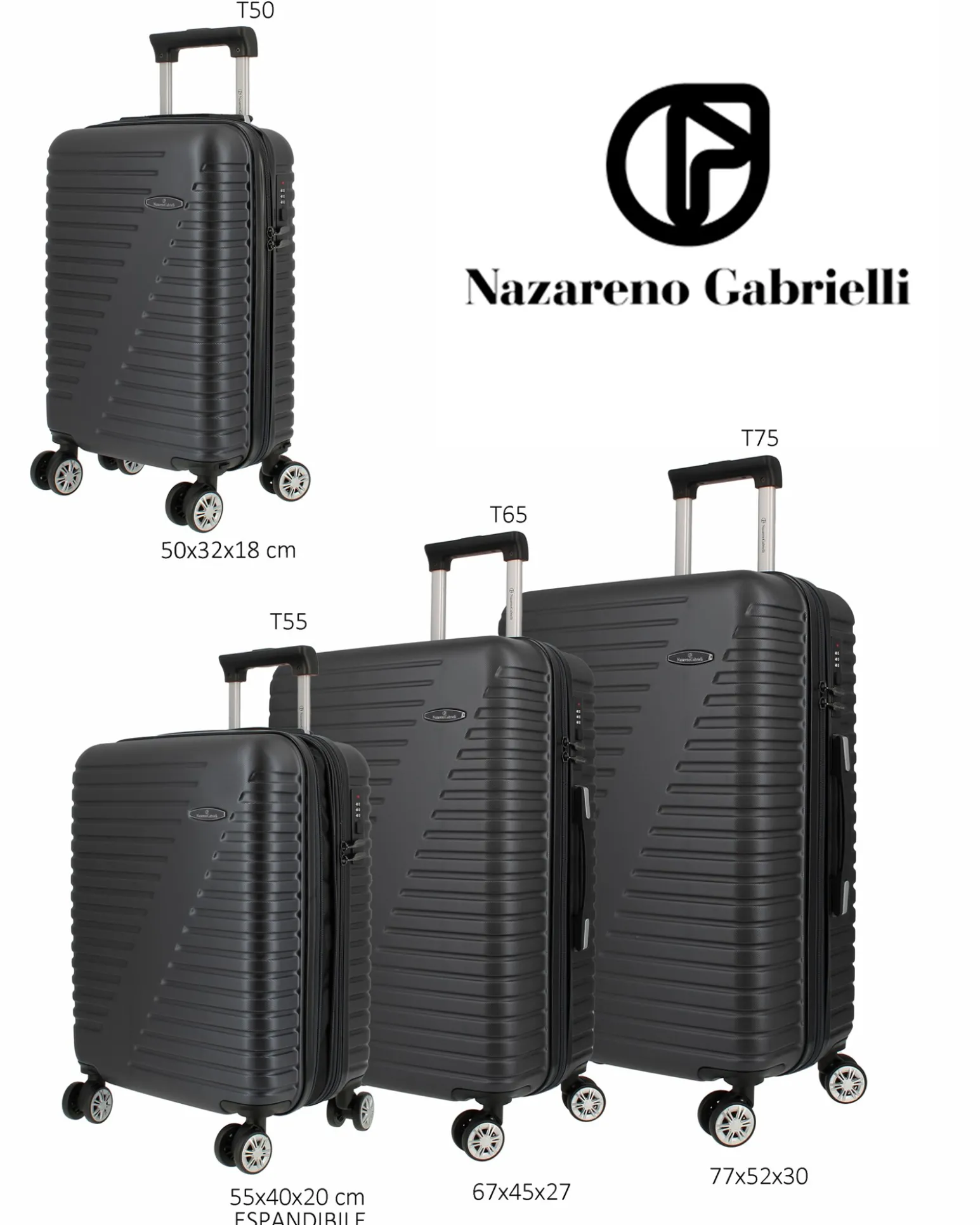 NAZARENO GABRIELLI - TROLLEY NERO IN ABS 4 RUOTE
