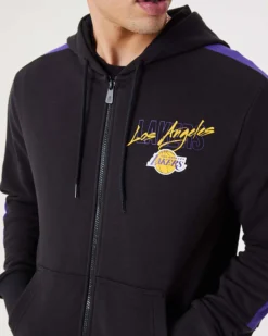 NEW ERA - Felpa nera e viola con cappuccio zip frontale e logo Lakers