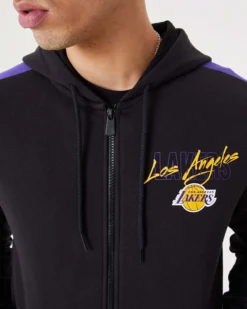 NEW ERA - Felpa nera e viola con cappuccio zip frontale e logo Lakers