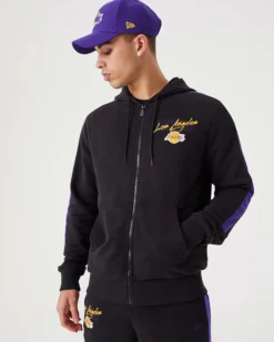 NEW ERA - Felpa nera e viola con cappuccio zip frontale e logo Lakers