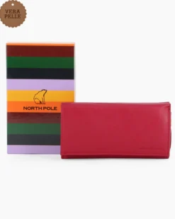 NORTH POLE - Portafoglio rosso in VERA PELLE da donna con patta e tasca posteriore