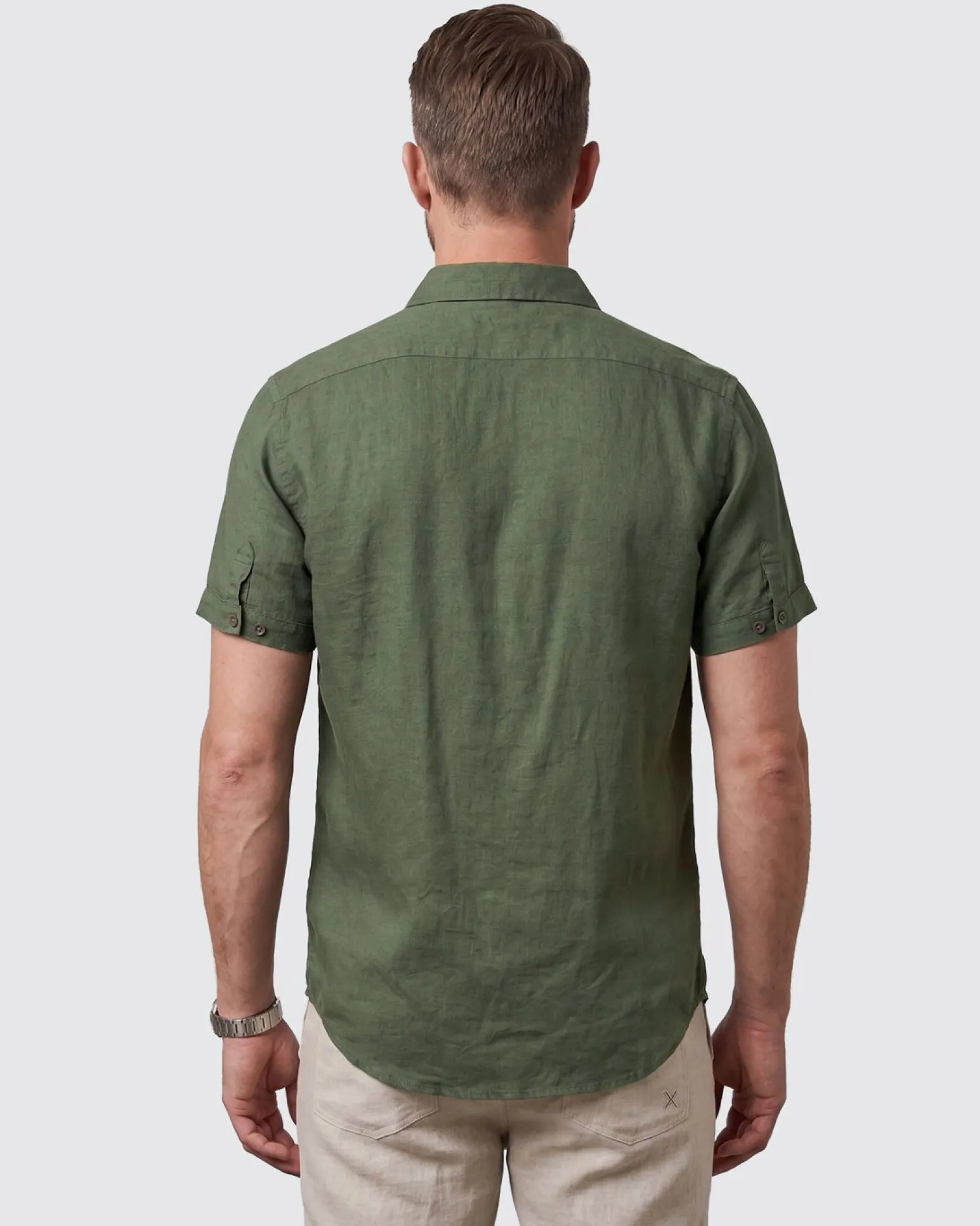 ON SPIRIT - Camica mezza manica collo classico verde militare lino-viscosa