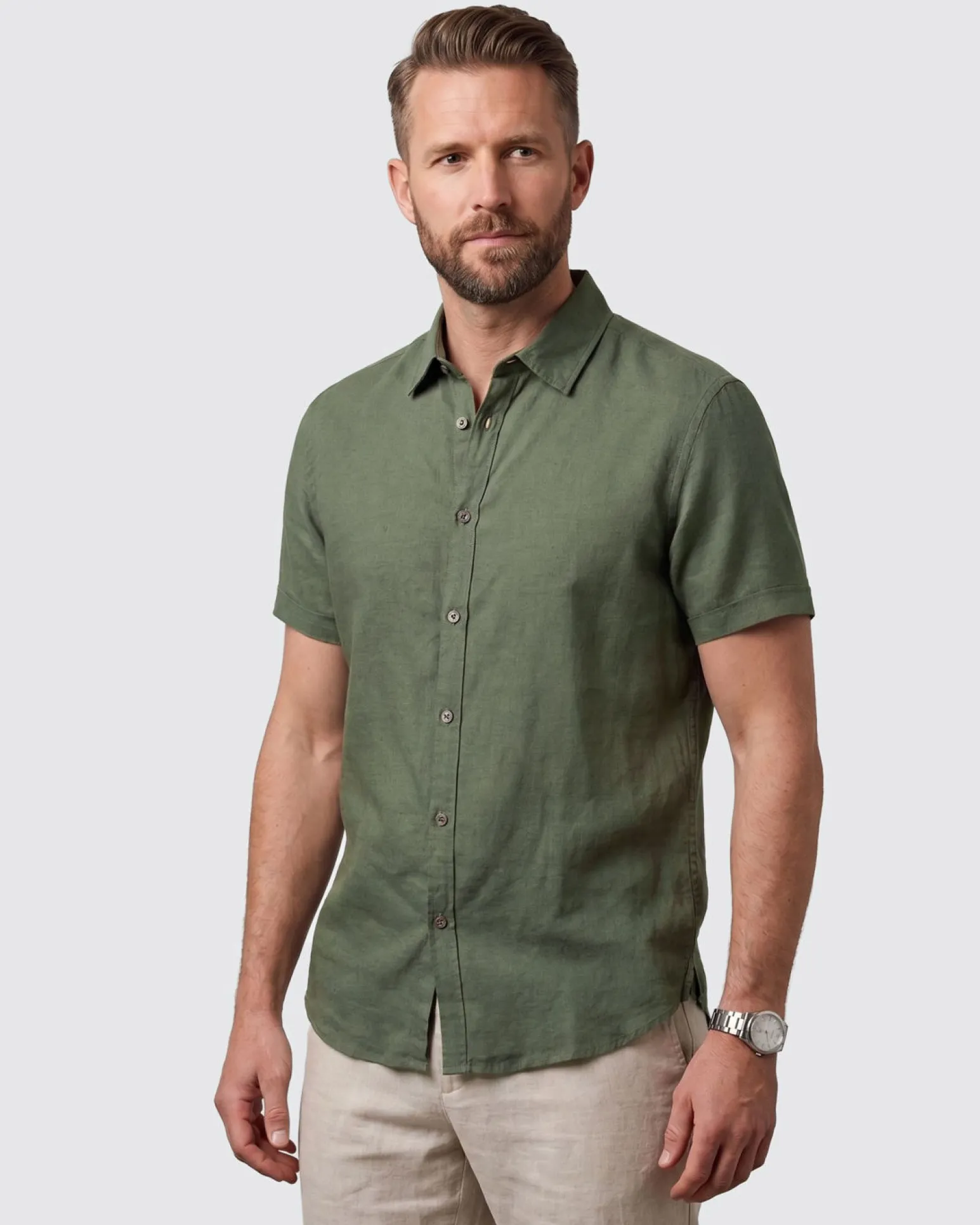 ON SPIRIT - Camica mezza manica collo classico verde militare lino-viscosa