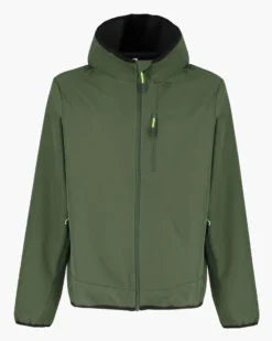 ON SPIRIT - GIUBBINO CON CAPPUCCIO SOFTSHELL UOMO VERDE SCURO CON DETTAGLI NERI E VERDE FLUO - TADEO