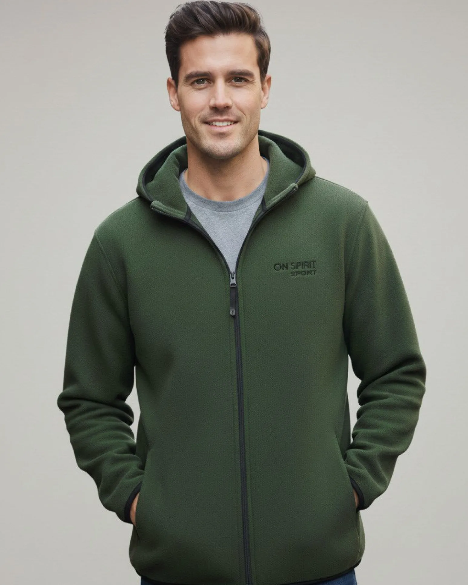 ON SPIRIT - PILE UOMO CON CAPPUCCIO FULL ZIP VERDE MILITARE - ANDREA