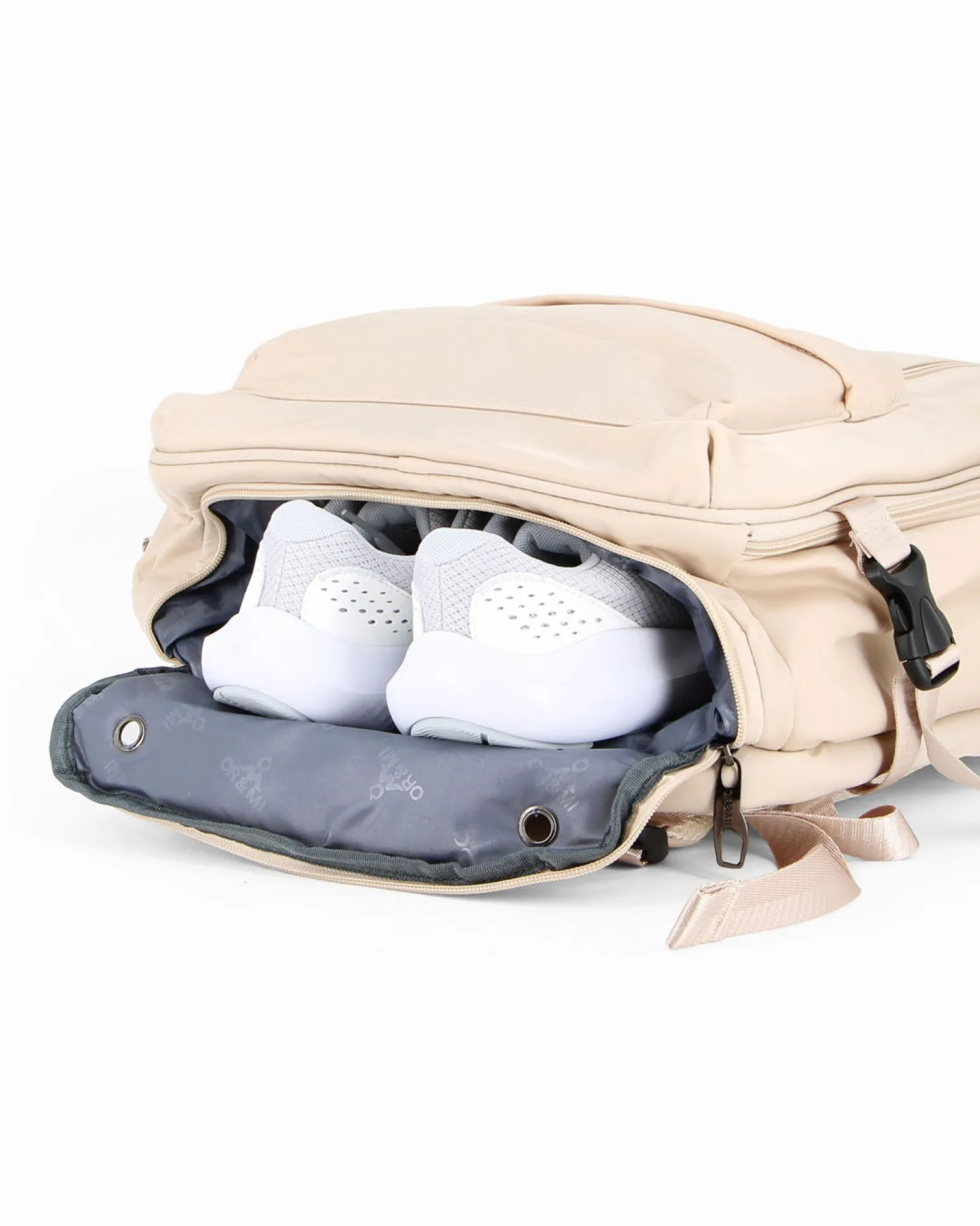 OR&MI - Zaino ufficio beige in nylon con fibbie laterali regolabili