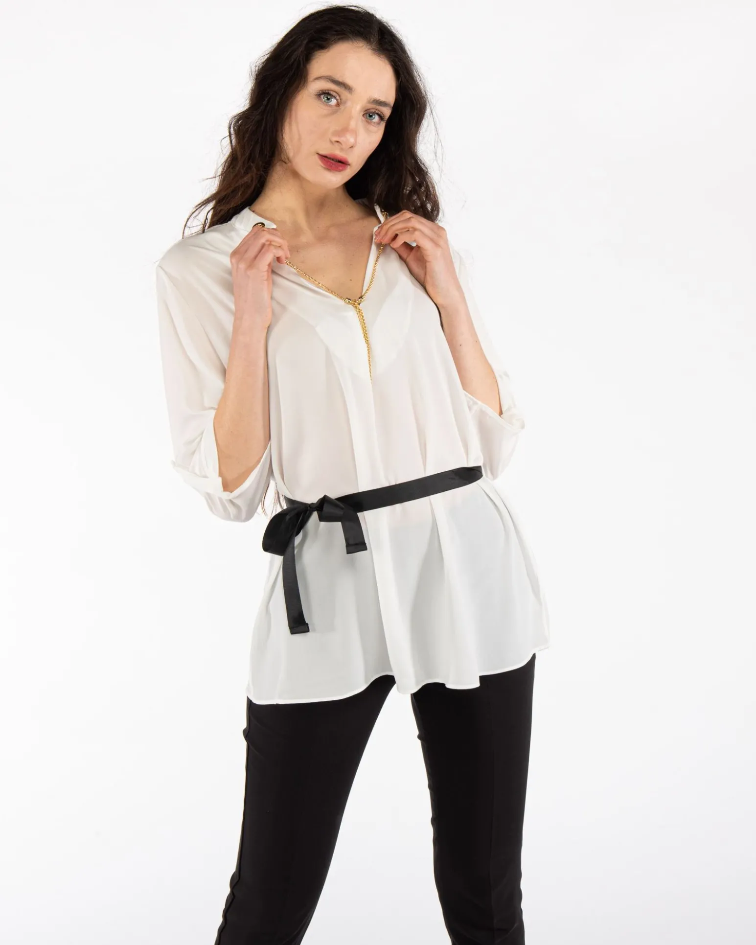 PAQUITA - CAMICIA MANICA 3/4 SCOLLO A V CON CATENA