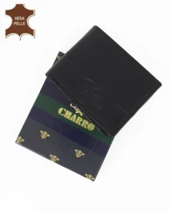 Portafoglio uomo nero  con incisione logo frontale, in VERA PELLE - CHARRO