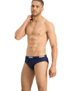 PUMA - Costume slip blu scuro con elastico in vita e lacci