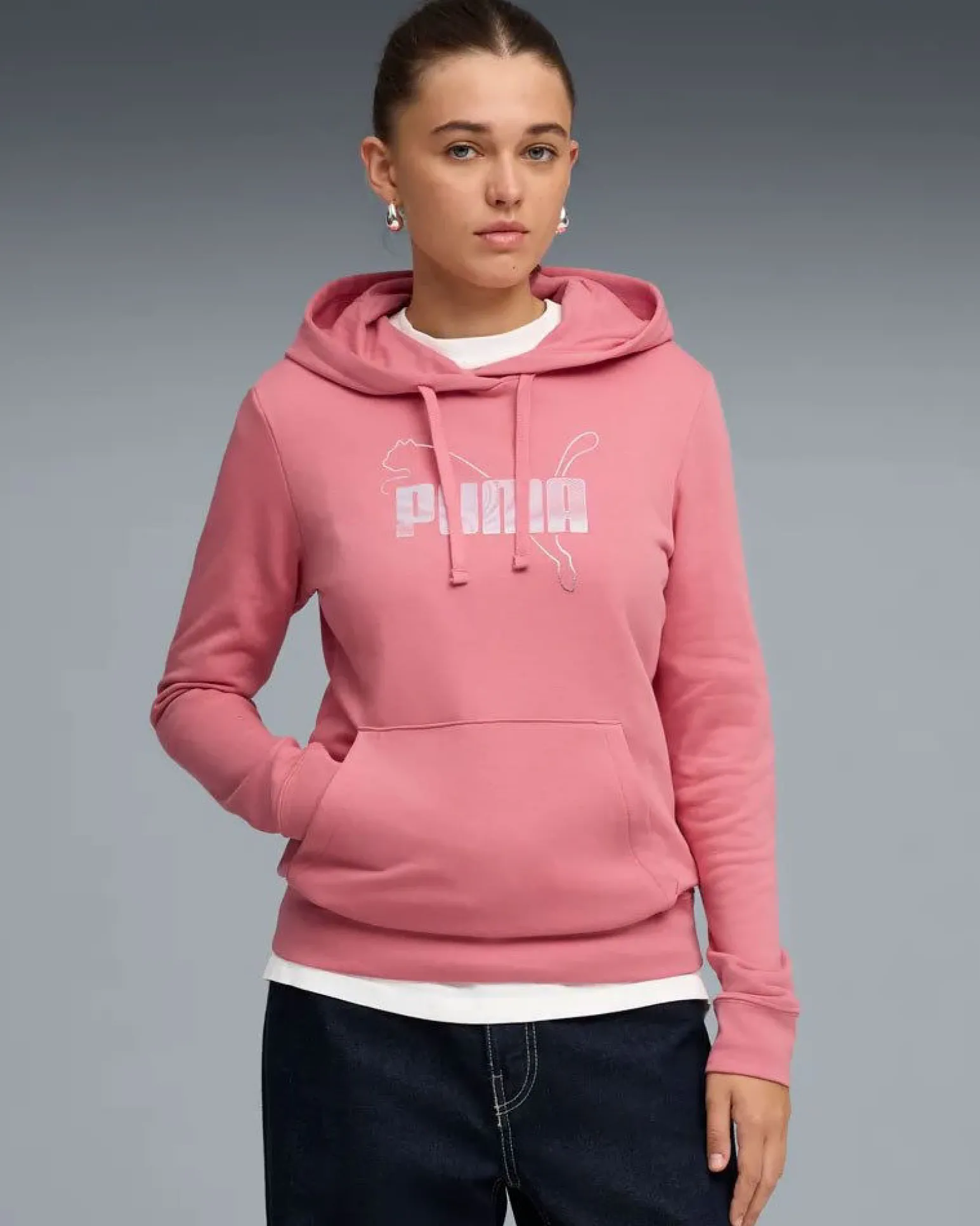 PUMA - FELPA CON CAPPUCCIO ROSA ESSENTIAL LOGO LAB METALLIC DA DONNA, 691829-25