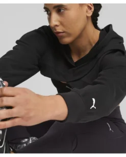 PUMA - Felpa crop da donna nera in tessuto traspirante con cappuccio
