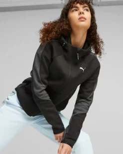 PUMA - Felpa da donna nera in tessuto traspirante con cappuccio e zip frontale
