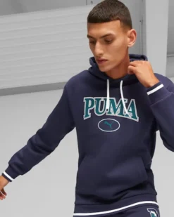 PUMA - Felpa da uomo blu con cappuccio e logo verde scuro