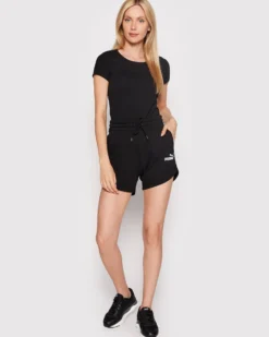PUMA - Pantaloncini corti da donna neri a vita alta con logo bianco