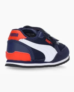 PUMA - Sneakers da bambino blu e bianca con dettagli rossi e soletta in memory foam, numerata 28/35 - ST RUNNER V3 MESH V PS