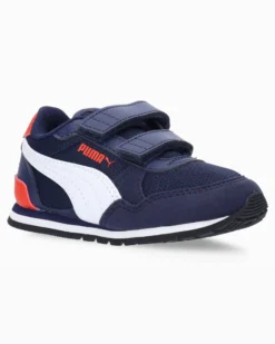PUMA - Sneakers da bambino blu  e bianca con dettagli rossi e soletta in memory foam, numerata 28/35 - ST RUNNER V3 MESH V PS