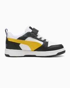 PUMA -  SNEAKERS KIDS REBOUND V6 LO BIANCA CON DETTAGLI NERI E GIALLI DAL 28 AL 35,  397419-23