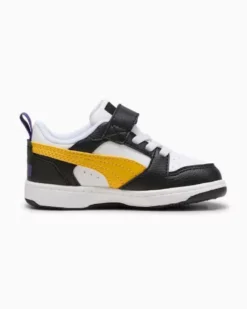 PUMA - SNEAKERS KIDS REBOUND V6 LO AC+TD BIANCHE CON DETTAGLI NERI E GIALLE  DAL 20 AL 27, 397420-23