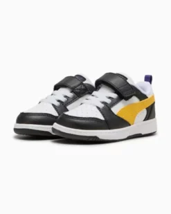 PUMA - SNEAKERS KIDS REBOUND V6 LO AC+TD BIANCHE CON DETTAGLI NERI E GIALLE  DAL 20 AL 27, 397420-23