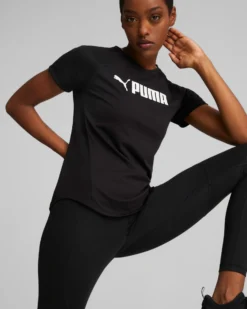 PUMA - T-shirt da donna girocollo nera con logo bianco