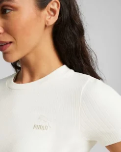 PUMA - T shirt da donna slim fit a coste bianca con logo bianco