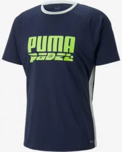 PUMA - T shirt da padel uomo blu e bianca in tessuto traspirante con logo giallo fluo