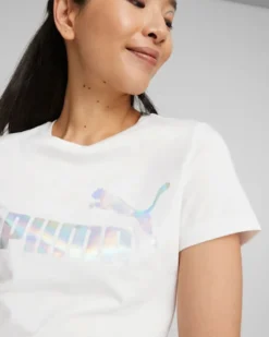 PUMA - T shirt girocollo da donna bianca in cotone con logo metallizzato