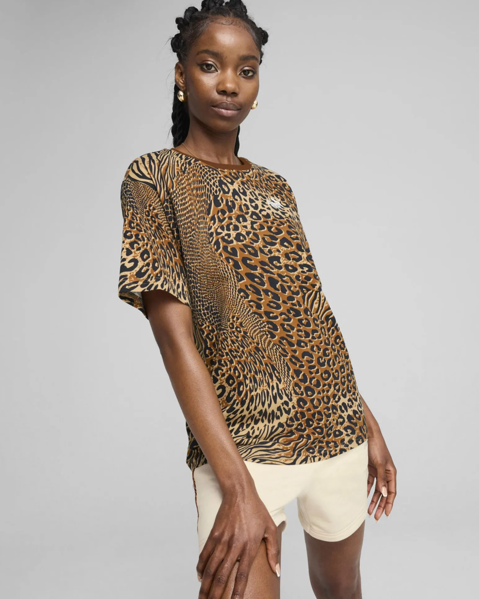 PUMA - T-SHIRT MARRONE, NERO E BEIGE ESSENTIALS GRAPHIC ANIMAL RELAXED DA DONNA, 688533-63
